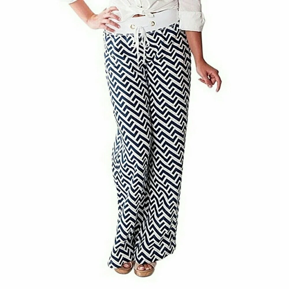 Women's Blue & White Linen Beach Pants Wide-leg Tie Waist Sizes S,M,L - Picture 1 of 7